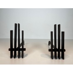 Pair of Brutalist Steel Andirons with Multiple Vertical Bar Uprights