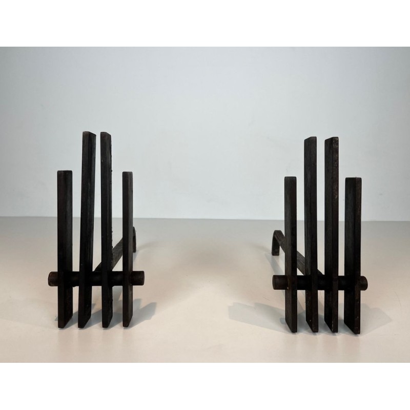Pair of Brutalist Steel Andirons with Multiple Vertical Bar Uprights