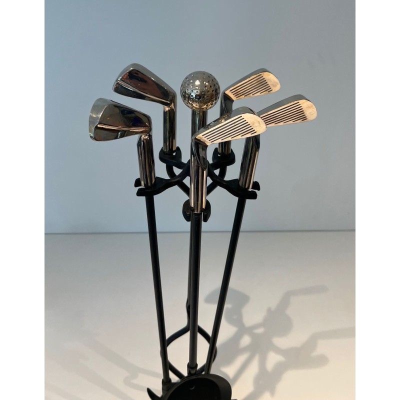 Design Golf-Themed Fireplace Companion Set in Black Lacquered Metal with Chrome Golf Club Motifs