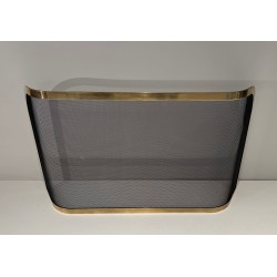 Curved Brass and Wire Mesh Fireplace Screen (French Work, Circa 1970)