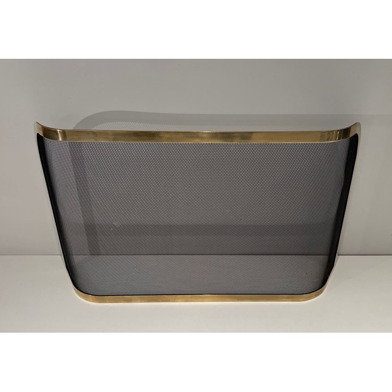 Curved Brass and Wire Mesh Fireplace Screen (French Work, Circa 1970)