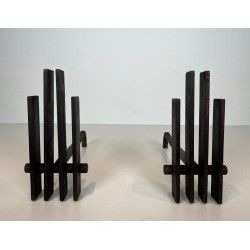 Pair of Brutalist Steel Andirons with Multiple Vertical Bar Uprights