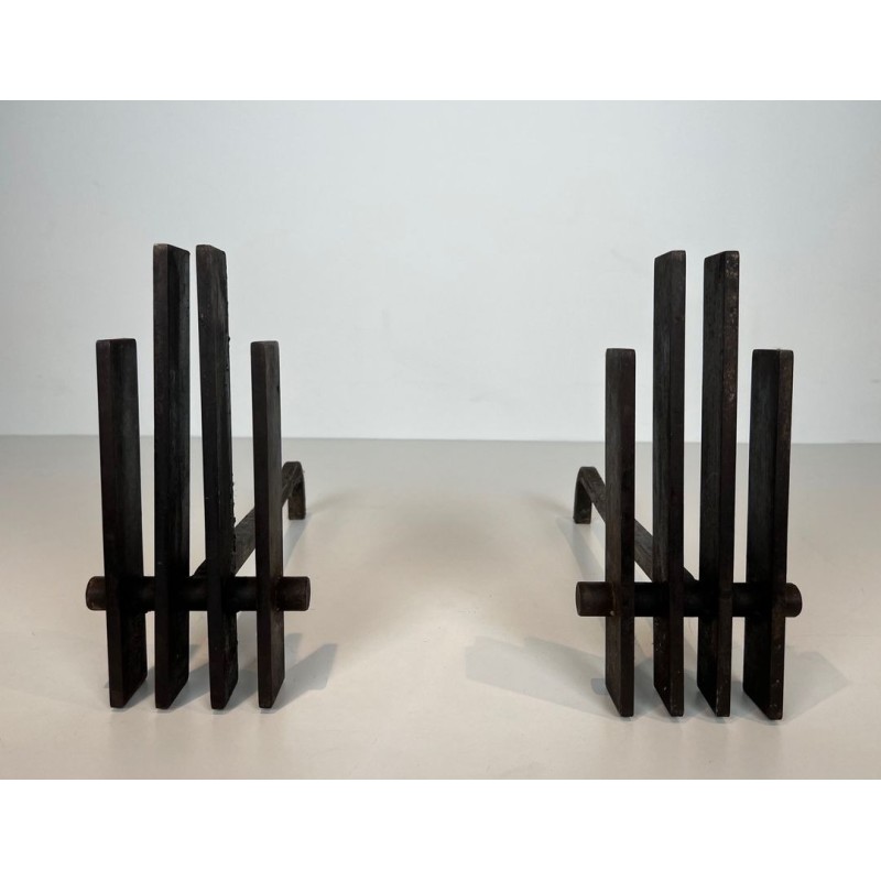 Pair of Brutalist Steel Andirons with Multiple Vertical Bar Uprights