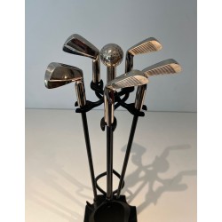 Design Golf-Themed Fireplace Companion Set in Black Lacquered Metal with Chrome Golf Club Motifs