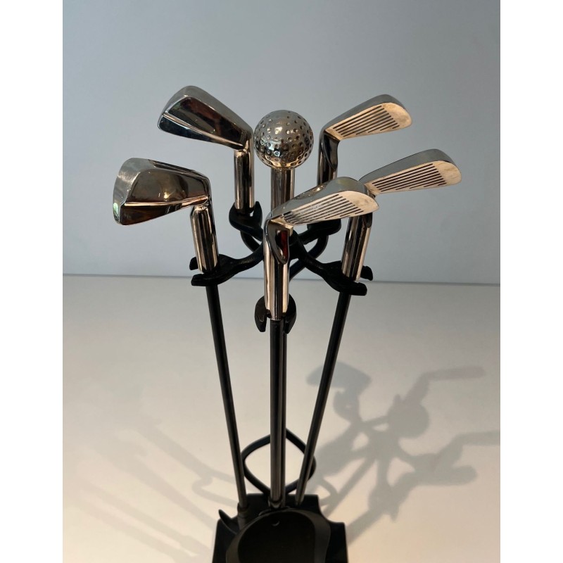 Design Golf-Themed Fireplace Companion Set in Black Lacquered Metal with Chrome Golf Club Motifs