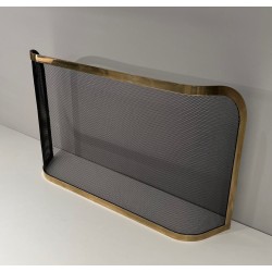 Curved Brass and Wire Mesh Fireplace Screen (French Work, Circa 1970)