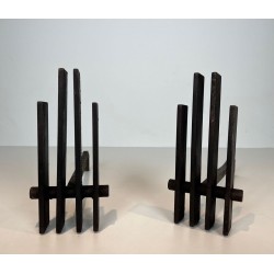 Pair of Brutalist Steel Andirons with Multiple Vertical Bar Uprights
