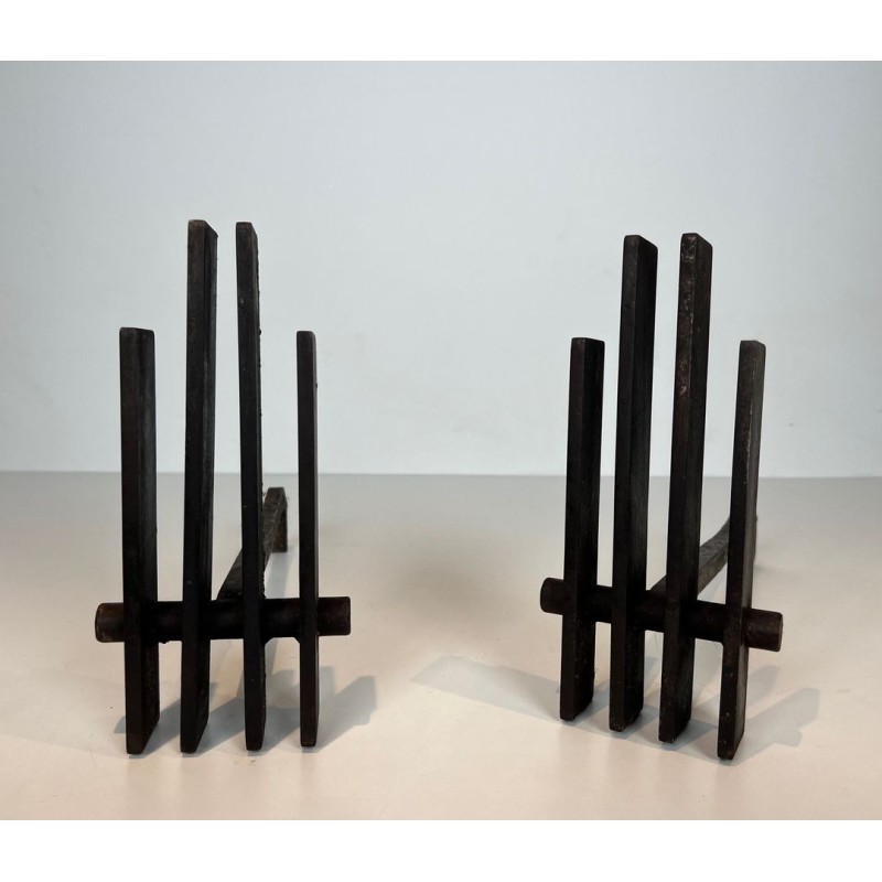 Pair of Brutalist Steel Andirons with Multiple Vertical Bar Uprights