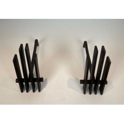 Pair of Brutalist Steel Andirons with Multiple Vertical Bar Uprights