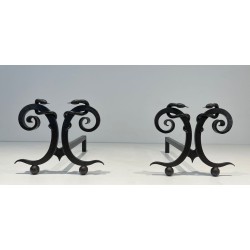Pair of Art Deco Wrought Iron Serpent Andirons in the Style of Edgar Brandt