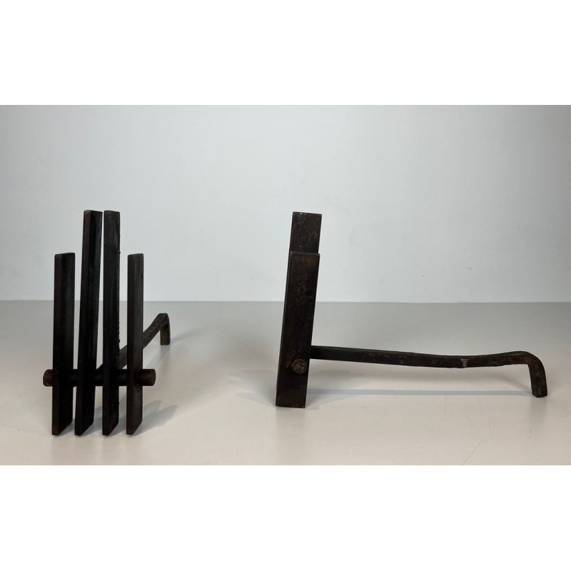 Pair of Brutalist Steel Andirons with Multiple Vertical Bar Uprights