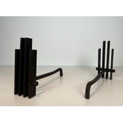 Pair of Brutalist Steel Andirons with Multiple Vertical Bar Uprights