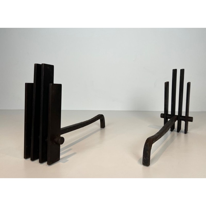 Pair of Brutalist Steel Andirons with Multiple Vertical Bar Uprights