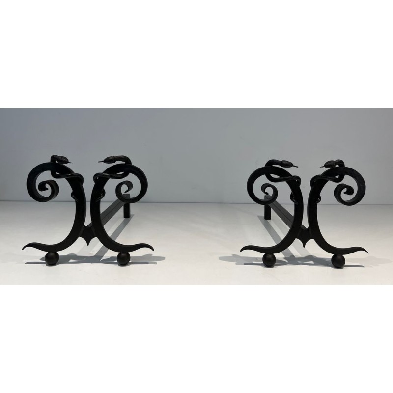 Pair of Art Deco Wrought Iron Serpent Andirons in the Style of Edgar Brandt