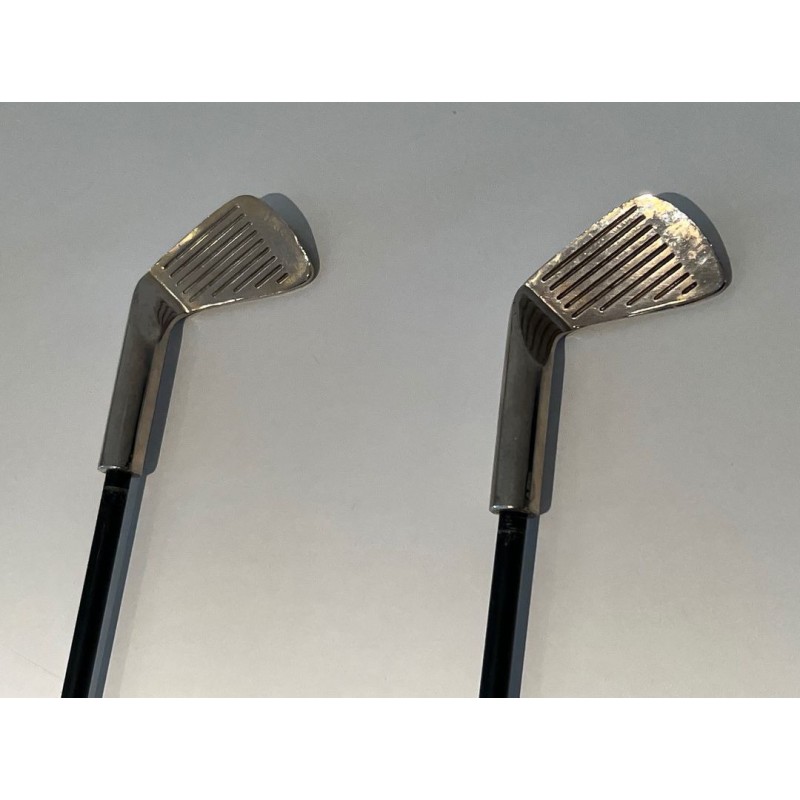 Design Golf-Themed Fireplace Companion Set in Black Lacquered Metal with Chrome Golf Club Motifs