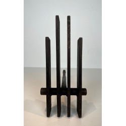 Pair of Brutalist Steel Andirons with Multiple Vertical Bar Uprights