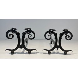 Pair of Art Deco Wrought Iron Serpent Andirons in the Style of Edgar Brandt