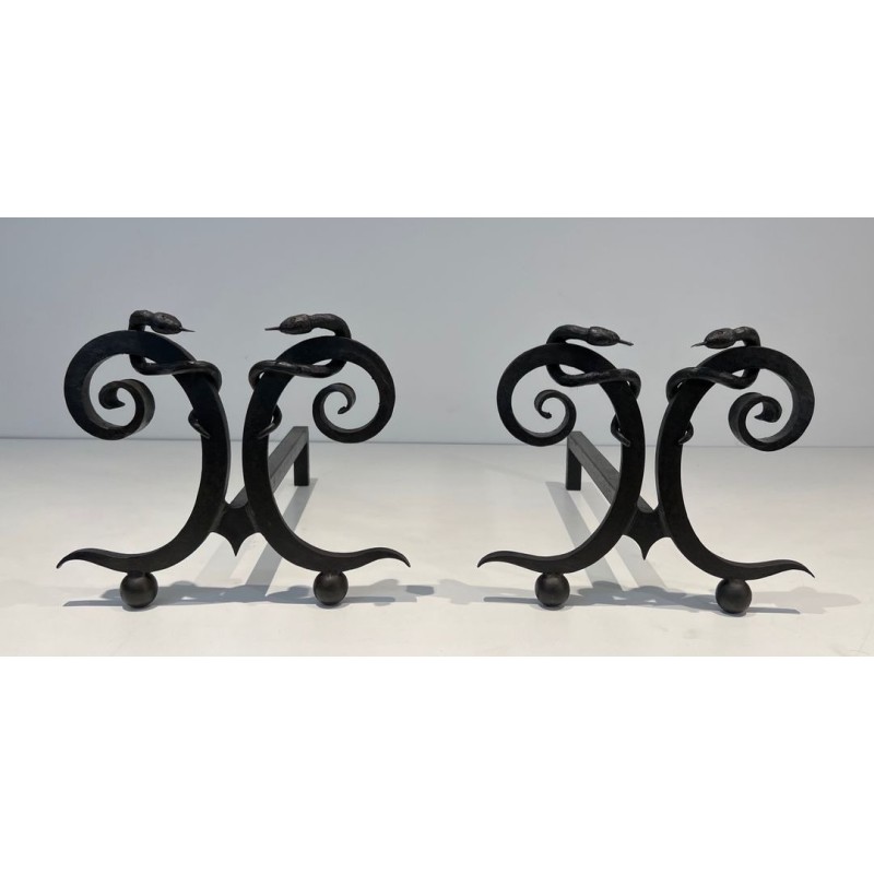 Pair of Art Deco Wrought Iron Serpent Andirons in the Style of Edgar Brandt