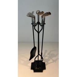 Design Golf-Themed Fireplace Companion Set in Black Lacquered Metal with Chrome Golf Club Motifs