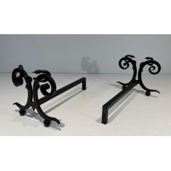 Pair of Art Deco Wrought Iron Serpent Andirons in the Style of Edgar Brandt
