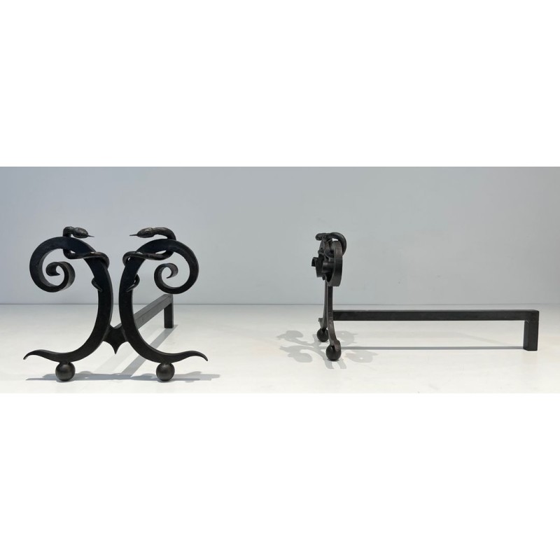 Pair of Art Deco Wrought Iron Serpent Andirons in the Style of Edgar Brandt