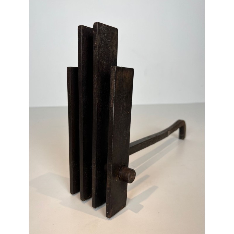 Pair of Brutalist Steel Andirons with Multiple Vertical Bar Uprights