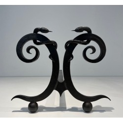 Pair of Art Deco Wrought Iron Serpent Andirons in the Style of Edgar Brandt