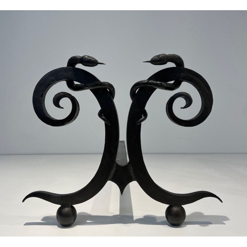 Pair of Art Deco Wrought Iron Serpent Andirons in the Style of Edgar Brandt
