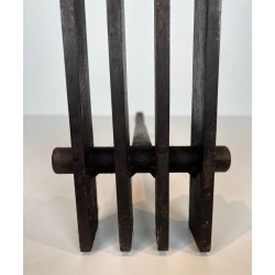 Pair of Brutalist Steel Andirons with Multiple Vertical Bar Uprights