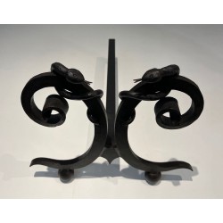 Pair of Art Deco Wrought Iron Serpent Andirons in the Style of Edgar Brandt