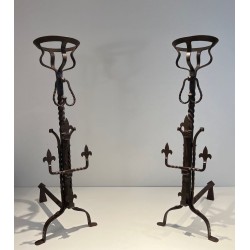 Important Pair of Gothic Style Wrought Iron Landiers with Fleur-de-Lys Spurs