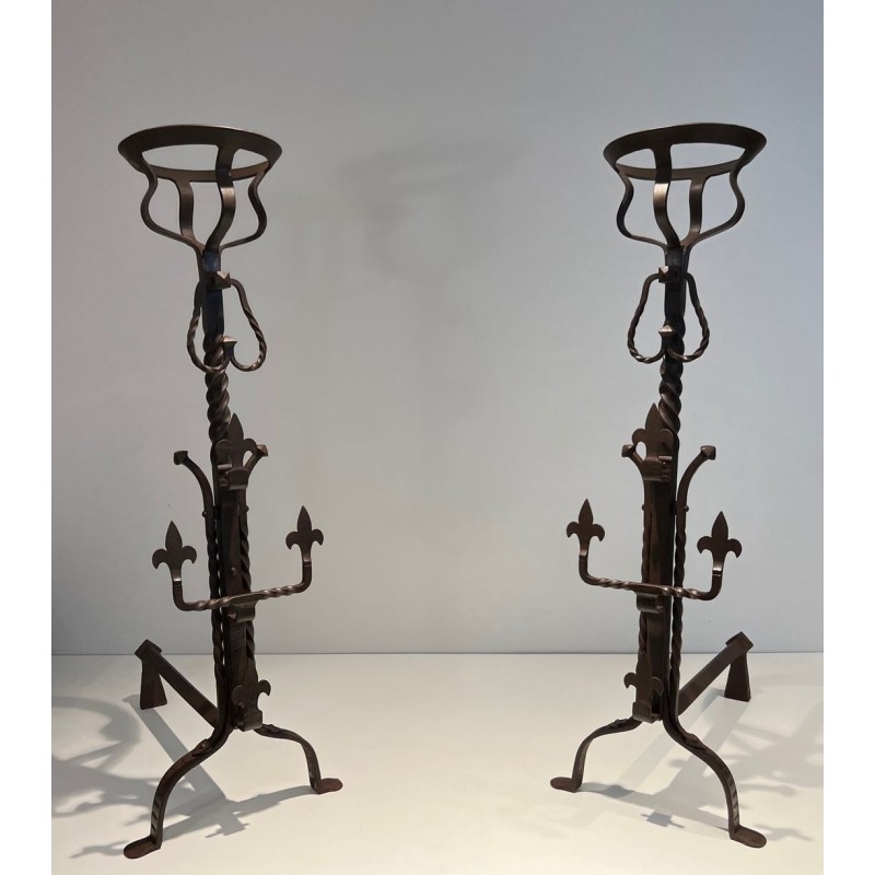 Important Pair of Gothic Style Wrought Iron Landiers with Fleur-de-Lys Spurs