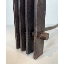 Pair of Brutalist Steel Andirons with Multiple Vertical Bar Uprights
