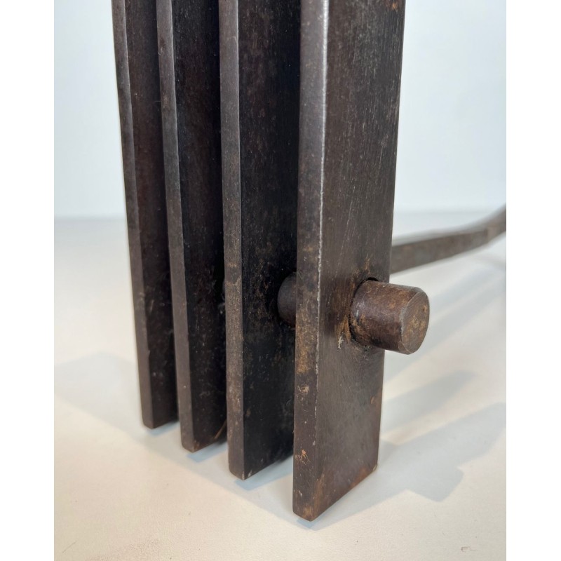 Pair of Brutalist Steel Andirons with Multiple Vertical Bar Uprights