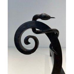 Pair of Art Deco Wrought Iron Serpent Andirons in the Style of Edgar Brandt