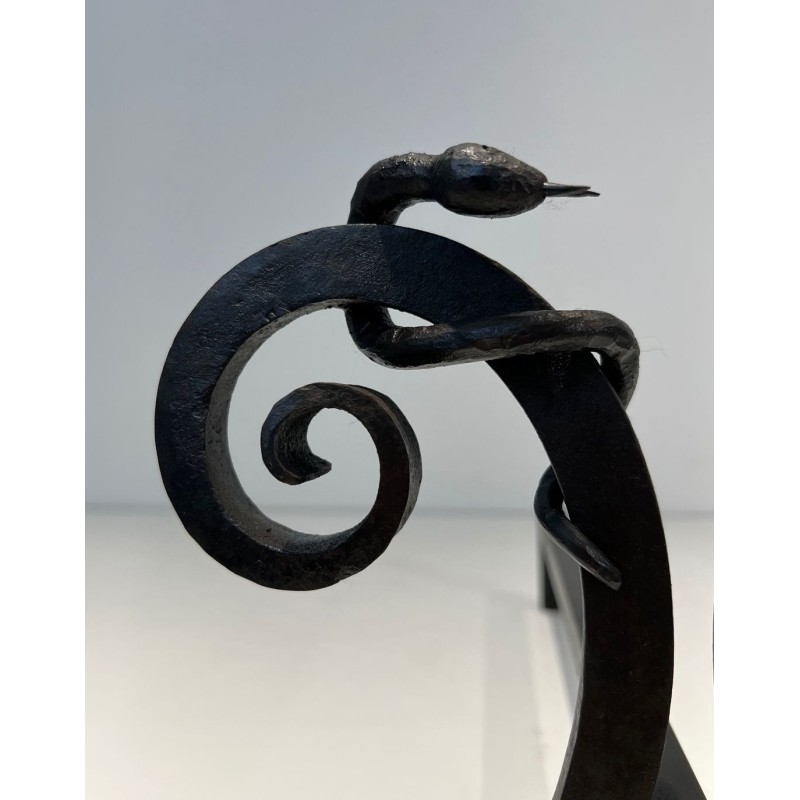 Pair of Art Deco Wrought Iron Serpent Andirons in the Style of Edgar Brandt