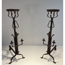 Important Pair of Gothic Style Wrought Iron Landiers with Fleur-de-Lys Spurs