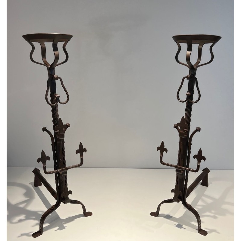 Important Pair of Gothic Style Wrought Iron Landiers with Fleur-de-Lys Spurs