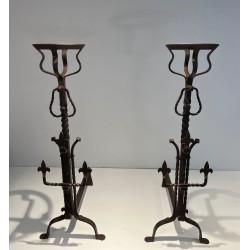 Important Pair of Gothic Style Wrought Iron Landiers with Fleur-de-Lys Spurs