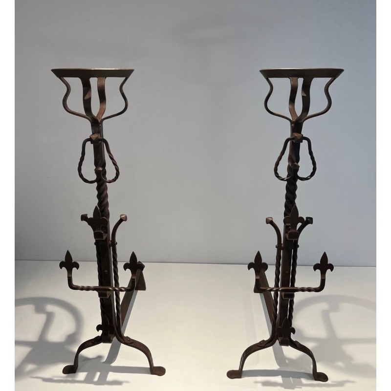 Important Pair of Gothic Style Wrought Iron Landiers with Fleur-de-Lys Spurs
