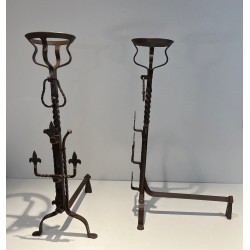 Important Pair of Gothic Style Wrought Iron Landiers with Fleur-de-Lys Spurs