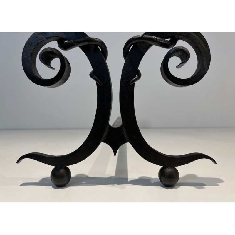 Pair of Art Deco Wrought Iron Serpent Andirons in the Style of Edgar Brandt