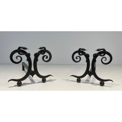 Pair of Art Deco Wrought Iron Serpent Andirons in the Style of Edgar Brandt