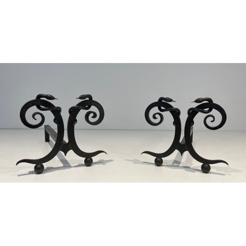 Pair of Art Deco Wrought Iron Serpent Andirons in the Style of Edgar Brandt