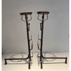 Important Pair of Gothic Style Wrought Iron Landiers with Fleur-de-Lys Spurs