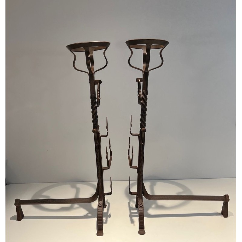 Important Pair of Gothic Style Wrought Iron Landiers with Fleur-de-Lys Spurs