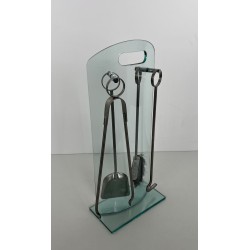 Design Fireplace Companion Set on Tempered Glass Stand with Chrome Ring-Handle Tools