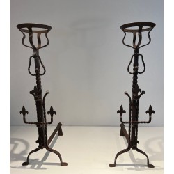 Important Pair of Gothic Style Wrought Iron Landiers with Fleur-de-Lys Spurs