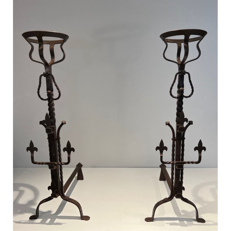 Important Pair of Gothic Style Wrought Iron Landiers with Fleur-de-Lys Spurs