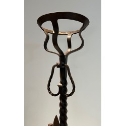 Important Pair of Gothic Style Wrought Iron Landiers with Fleur-de-Lys Spurs